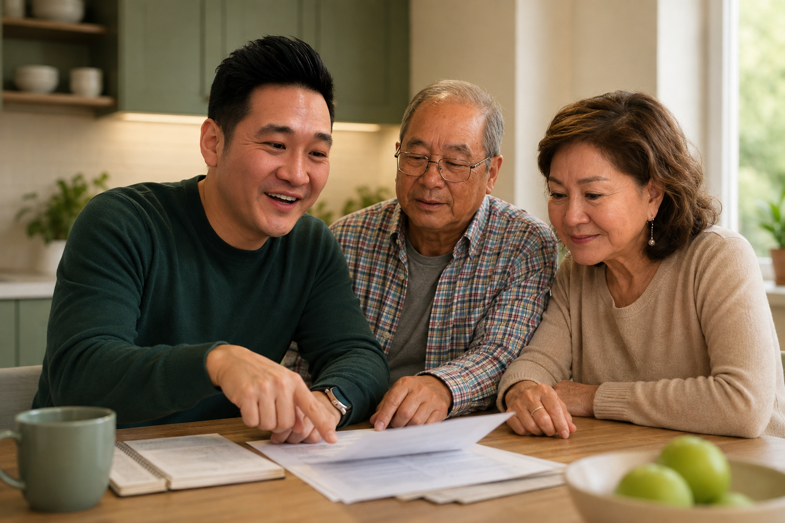 An adult son patiently reviewing an important document with his mother at a kitchen table