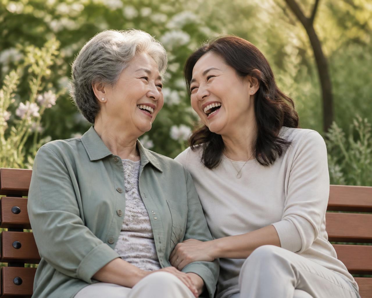 A mother and daughter laughing together on a park bench